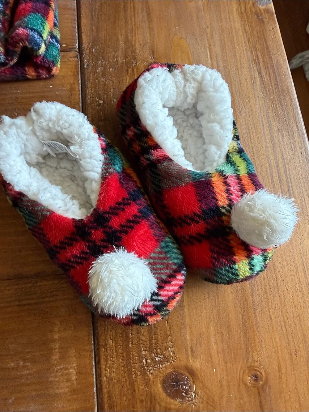 Red Plaid Kids' Fleece Robe with Hood and Pom Accents
